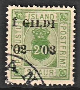FRIMÆRKER ISLAND | 1902-03 - AFA 15 - Tjeneste I GILDI overtryk - 20 aur grøn tk. 14 - Stemplet